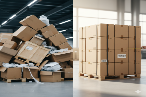 two stacks of boxes, one bulky and inefficient, the other compact and optimized