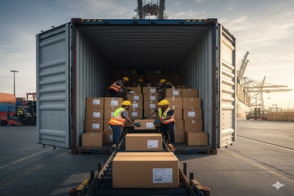 several small boxes being loaded into one large shipping container