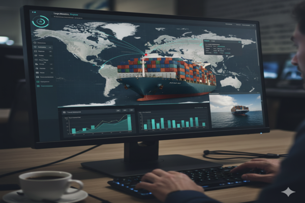 a computer screen showing a map with a ship's location tracked in real-time