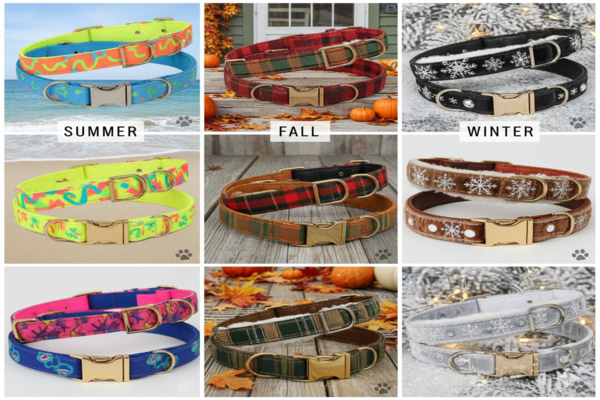 a collage of dog collars showing seasonal themes: bright neons for summer, plaid for fall, snowflakes for winter