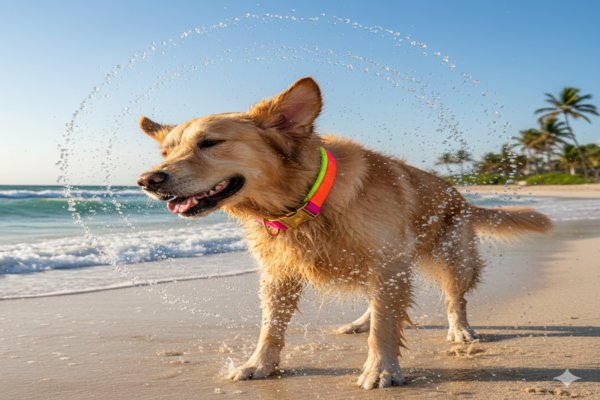 a dog wearing a bright neon PVC collar while happily shaking off water at a beach