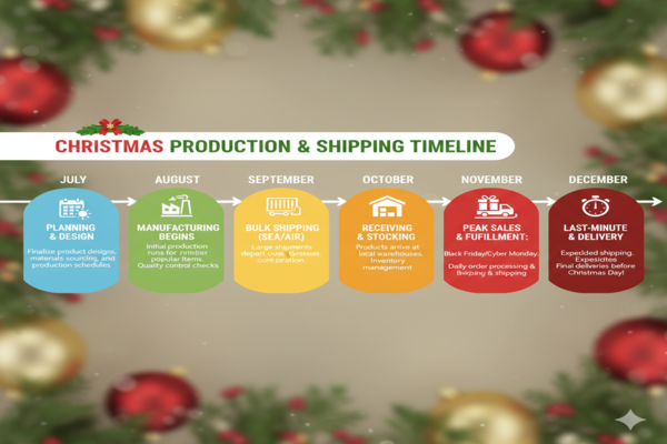 a timeline graphic showing the production and shipping process for Christmas products starting in July
