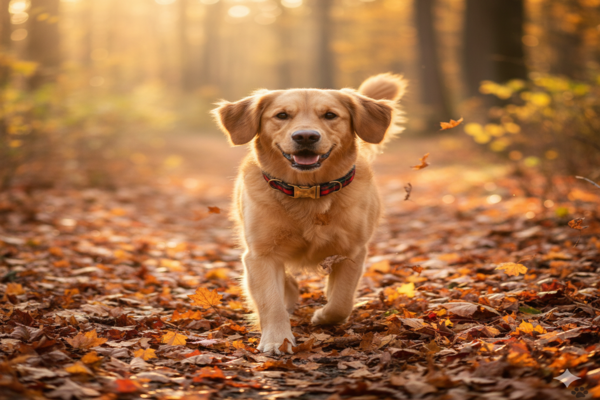 a dog wearing a plaid collar walking through fall leaves, representing autumn seasonal trends