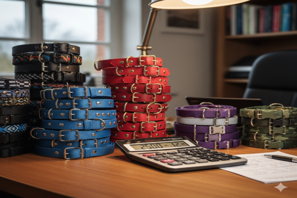 a calculator on a desk next to stacks of dog collars of varying quantities