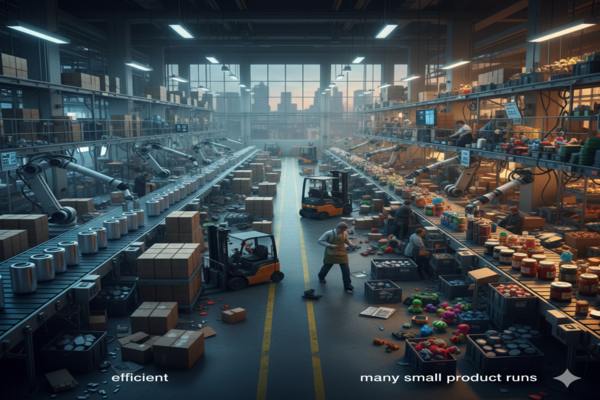 a factory production line, one side running smoothly with one product, the other side chaotic with many small product runs