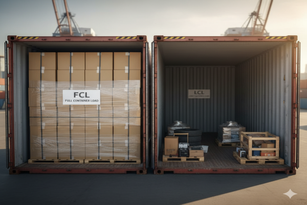 a fully packed shipping container next to a half-empty one, showing the difference between FCL and LCL