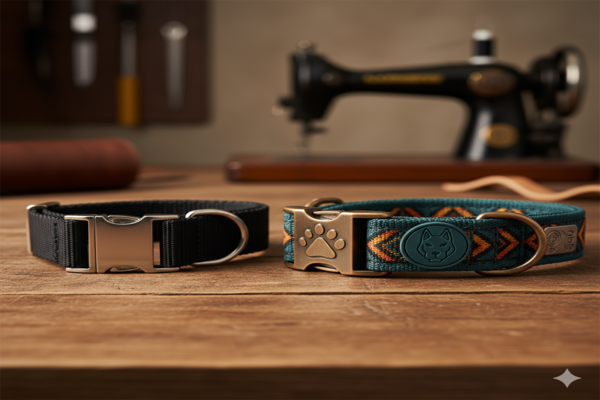 a simple dog collar next to a highly customized one with a special buckle, unique pattern, and rubber logo
