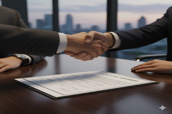 a handshake sealing a deal over a contract that shows payment terms