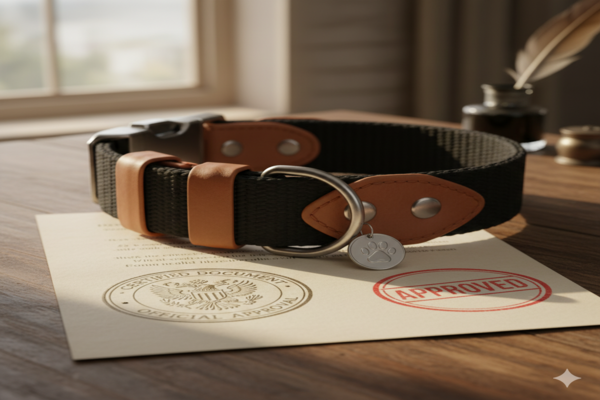 a certified document with a stamp of approval next to a durable dog collar