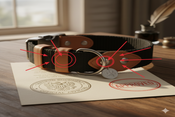 a close-up shot of a collar's metal D-ring and buckle, highlighting the critical stress points