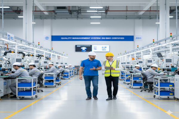 a factory manager showing an auditor through a clean and organized production facility, representing a BSCI or ISO audit