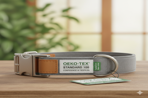 an OEKO-TEX certified label shown on a fabric dog collar, indicating it's free from harmful substances