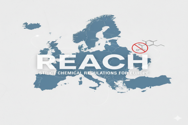 a map of Europe with the letters "REACH" superimposed, signifying strict chemical regulations