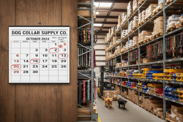 a calendar with recurring order dates marked, next to a warehouse full of dog collar inventory