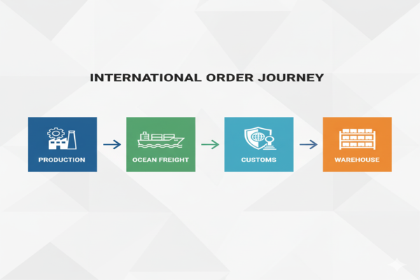 a graphic timeline showing the stages of an international order: Production -> Ocean Freight -> Customs -> Warehouse