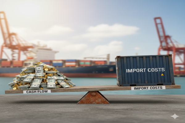 a seesaw balancing a pile of money representing cash flow and a shipping container representing import costs