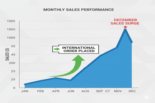 a sales chart showing a large spike in December, with an order arrow placed back in July