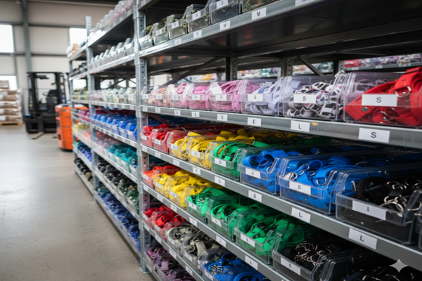 a perfectly organized warehouse shelf with popular collar colors and sizes at the front, and less popular ones neatly tucked away at the back