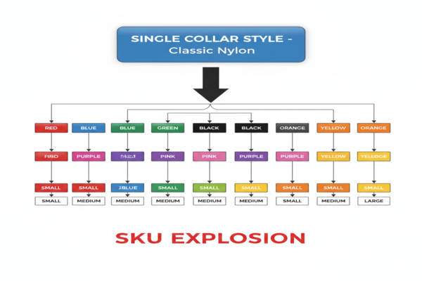 a flowchart showing a single collar style branching out into many colors and sizes, illustrating the SKU explosion