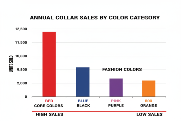a bar graph showing high sales for core colors like red, blue, and black, and very low sales for fashion colors