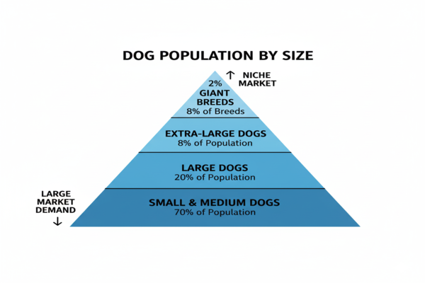 a pyramid diagram showing a large base of small and medium dogs, and a small peak of large and extra-large dogs