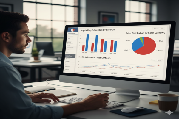 a person analyzing a detailed sales report on a computer screen, with charts showing top-selling SKUs