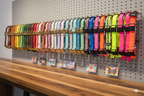 a vibrant display of dog collars organized by color, showcasing a wide palette from earthy tones to bright neons
