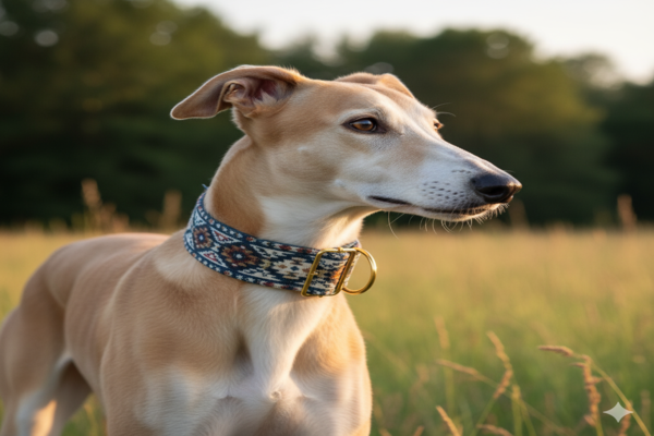 a Greyhound wearing a wide, comfortable martingale collar perfectly suited to its slim neck