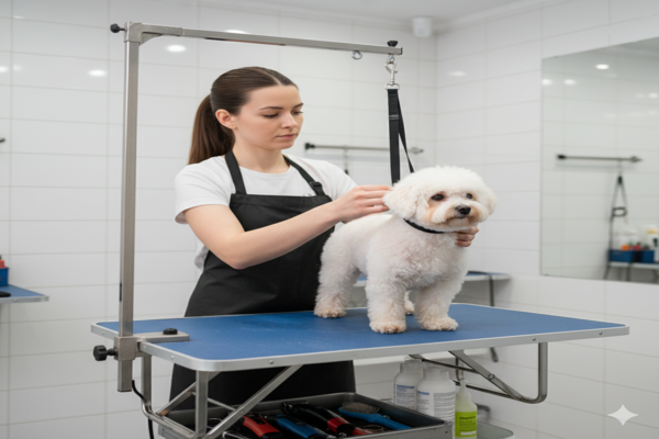 a professional groomer using a specialized, adjustable grooming loop to safely secure a dog on a grooming table