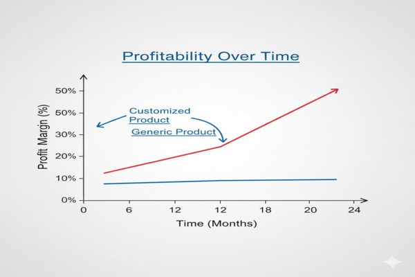 a graph showing a rising profit margin line labeled "Customized Product" above a flat line labeled "Generic Product"