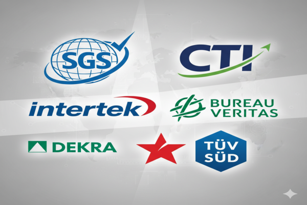 a collage of logos from top inspection agencies like SGS, Intertek, and CTI