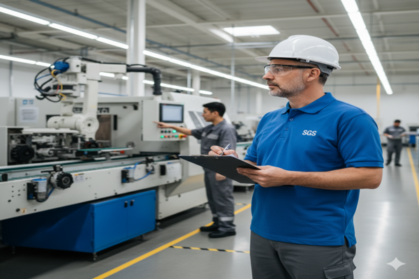 an inspector with a clipboard reviewing machinery and processes on a factory floor