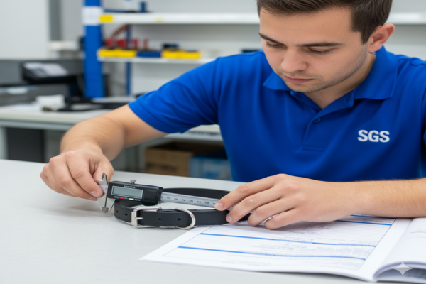 an inspector using calipers to measure a dog collar and check its dimensions against a spec sheet