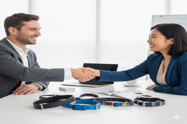 two business people shaking hands over a table with dog collar samples, smiling
