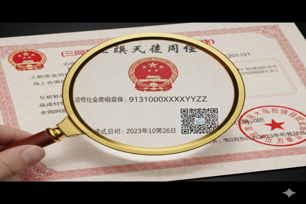 a magnifying glass hovering over a Chinese business license, highlighting key verification details