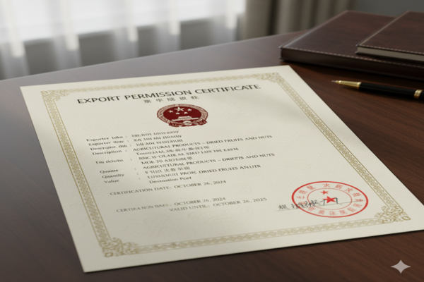 a formal export permission certificate document with an official stamp