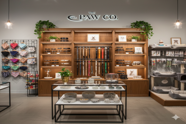 A clean, well-organized pet store aisle with neatly displayed accessories