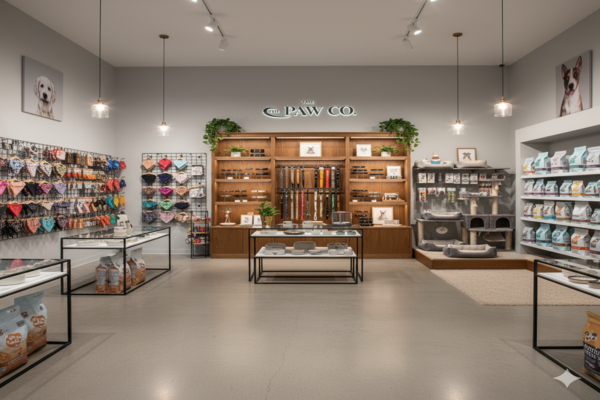 An overhead view showing a logical "racetrack" layout for a pet store