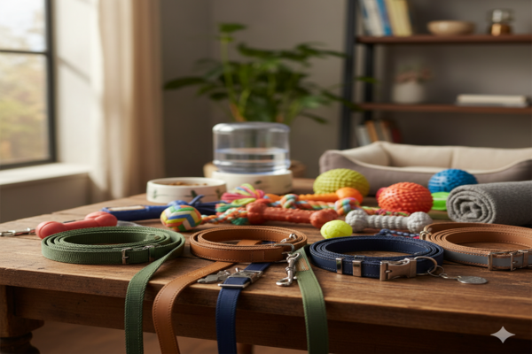 A collection of essential dog and cat accessories like leashes, collars, and toys