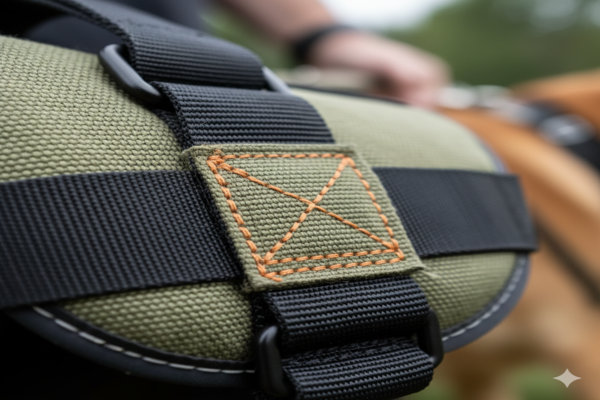 Close-up shot of reinforced stitching on a heavy-duty dog harness