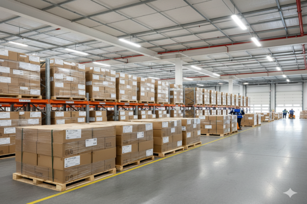 A clean and organized warehouse with boxes ready for shipment