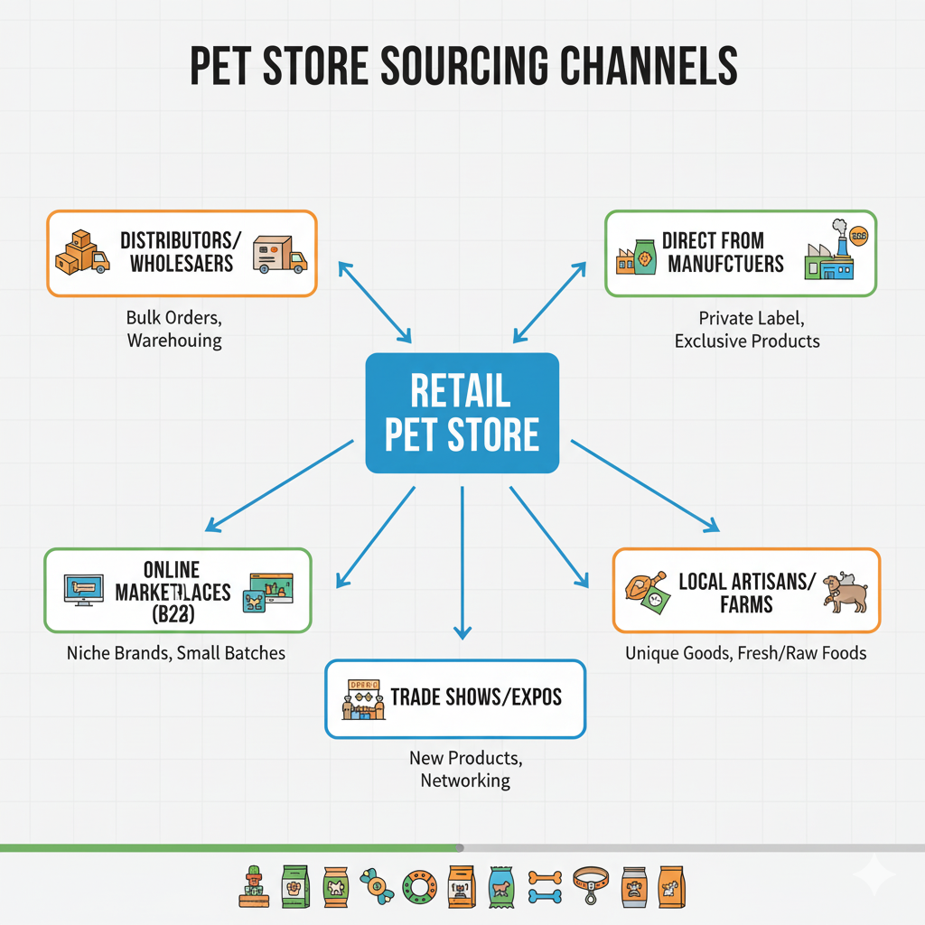 A diagram showing the different sourcing channels for pet stores