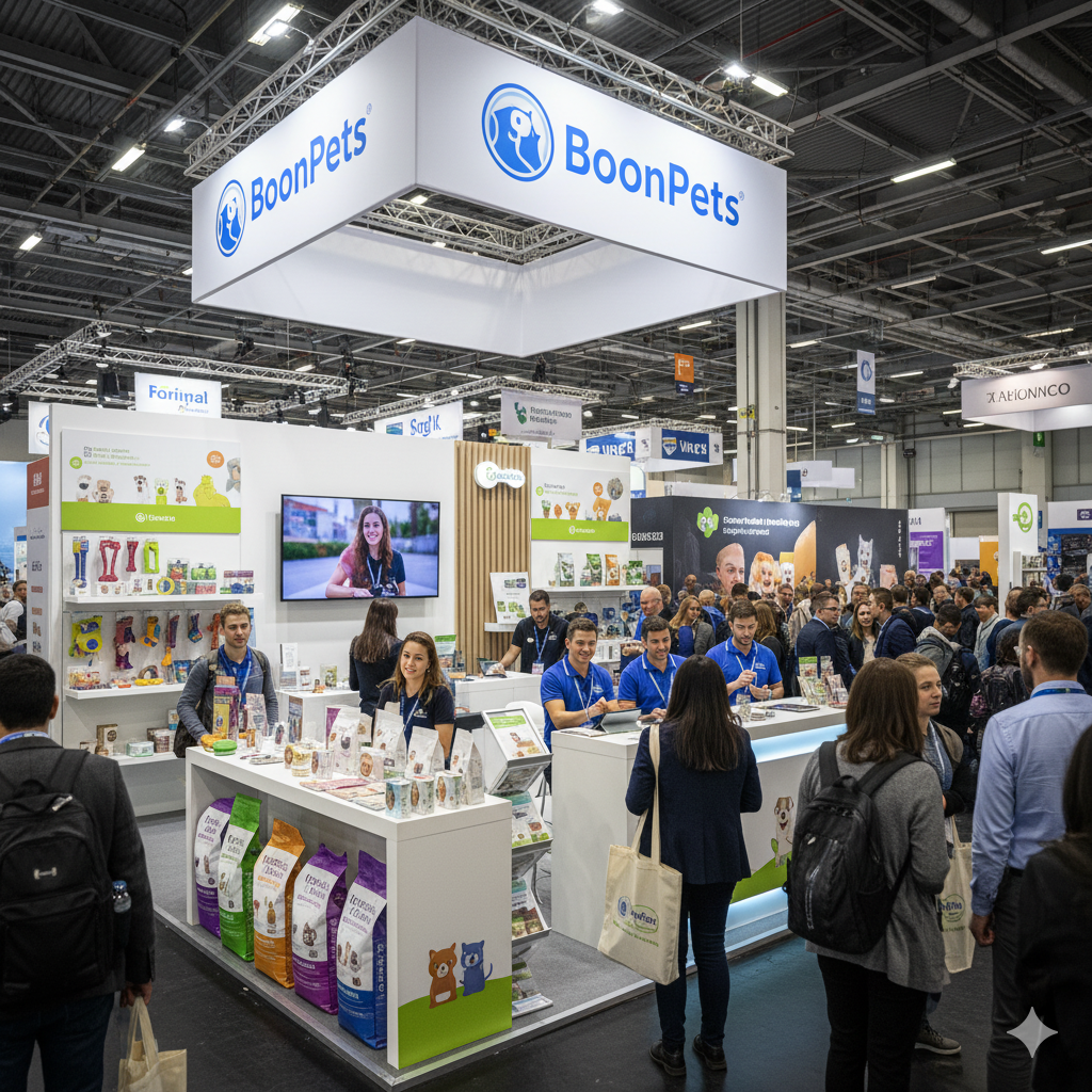 A photo of the BoonPets booth at a major pet trade show like Interzoo