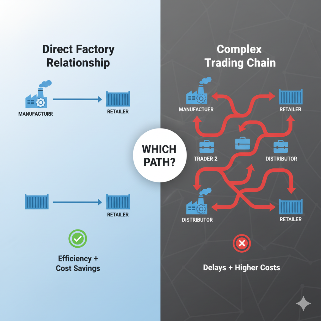 An image comparing a direct factory relationship versus a complex chain with traders