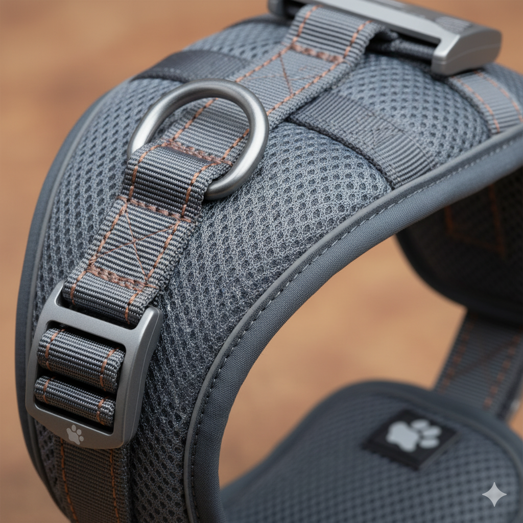 A close-up of a specialized dog harness, showing intricate stitching and quality hardware
