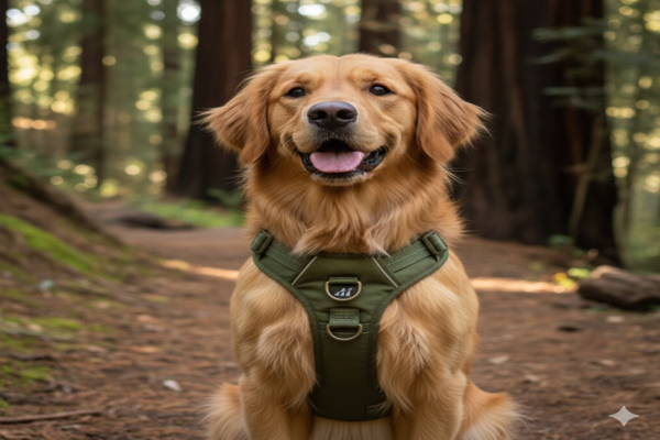 A dog wearing a stylish harness in a trending earthy green color