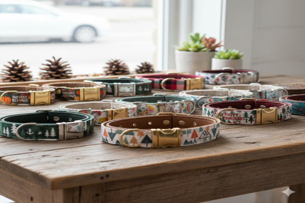 A collection of stylish dog collars with unique patterns and seasonal designs