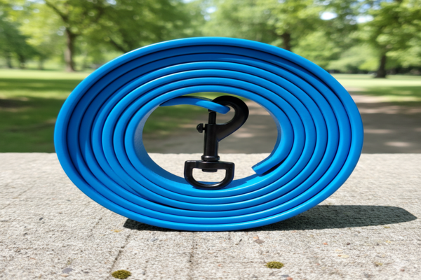 A vibrant blue BioThane dog leash coiled neatly
