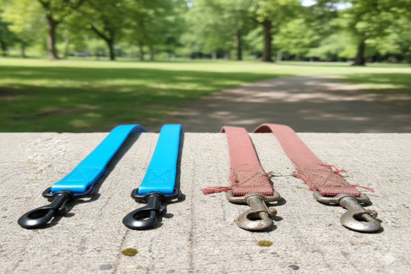 Side-by-side comparison of a clean BioThane leash and a dirty, frayed nylon leash