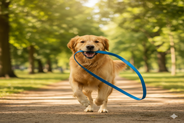 A happy dog holding a BioThane leash in its mouth without any issue